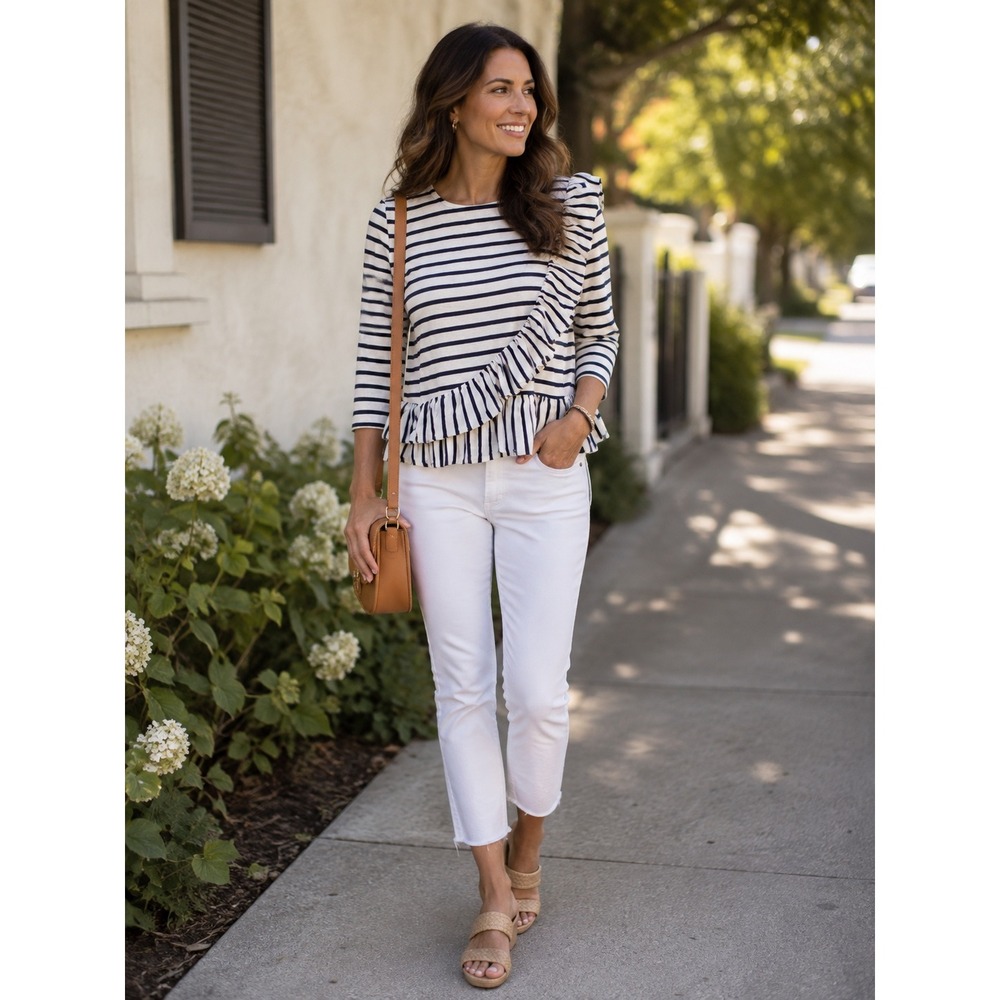 Crown & Ivy Striped Blouse Petite Large Navy Blue White‎ Ruffle Cropped Cotton